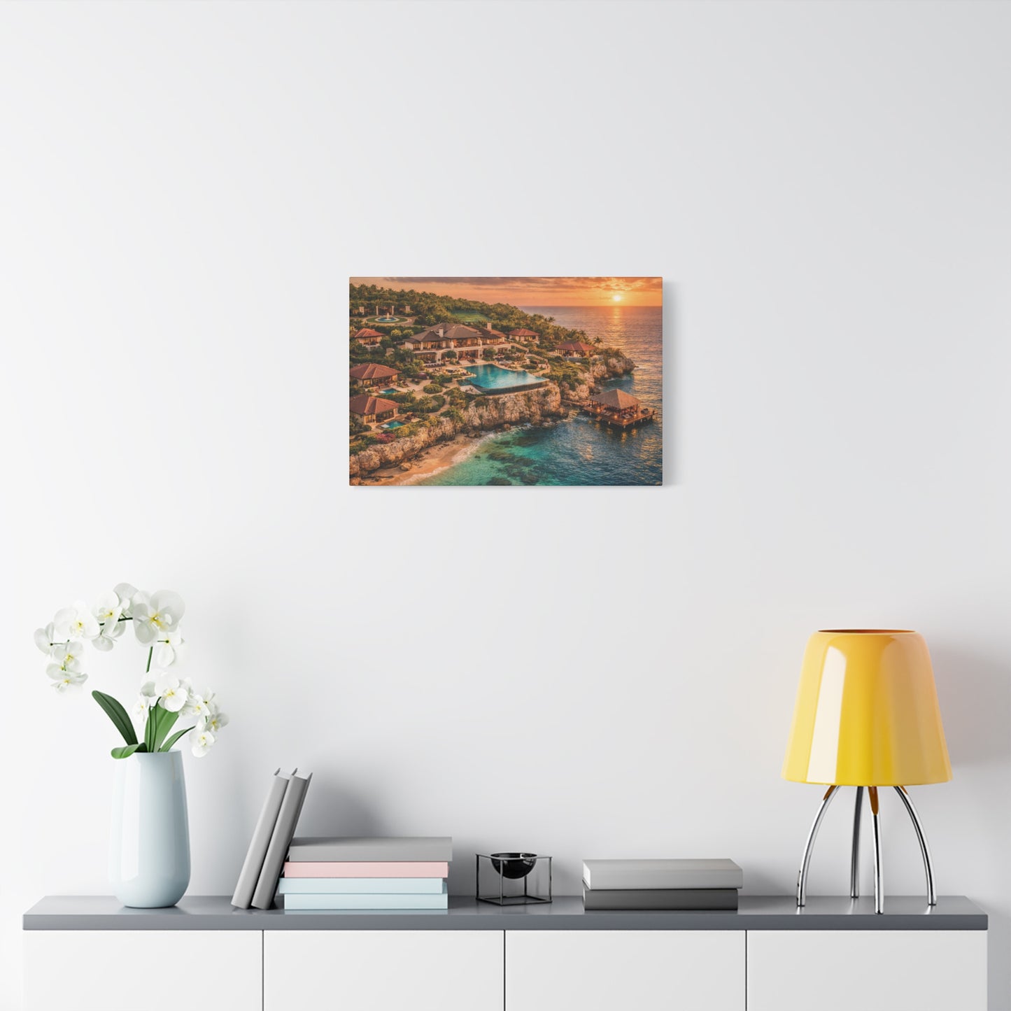 Tropical Sunset Canvas Wall Art — Coastal Resort Landscape Matte Stretched Print