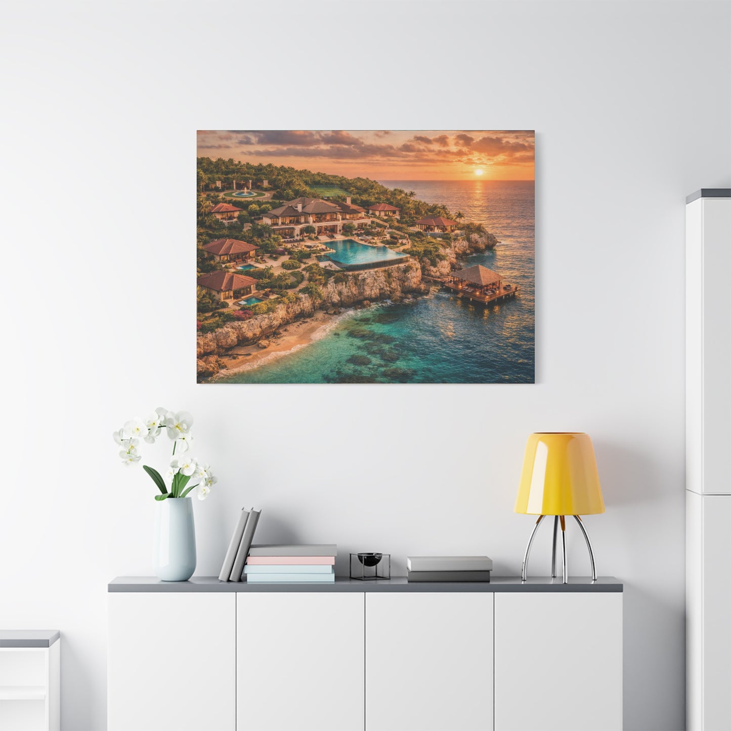Tropical Sunset Canvas Wall Art — Coastal Resort Landscape Matte Stretched Print