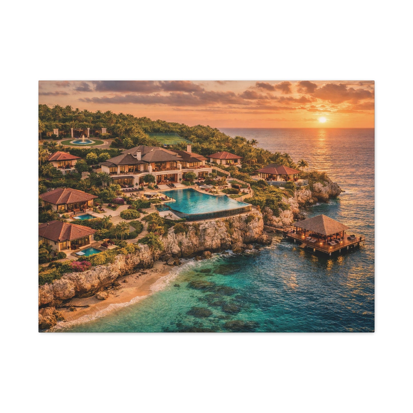 Tropical Sunset Canvas Wall Art — Coastal Resort Landscape Matte Stretched Print