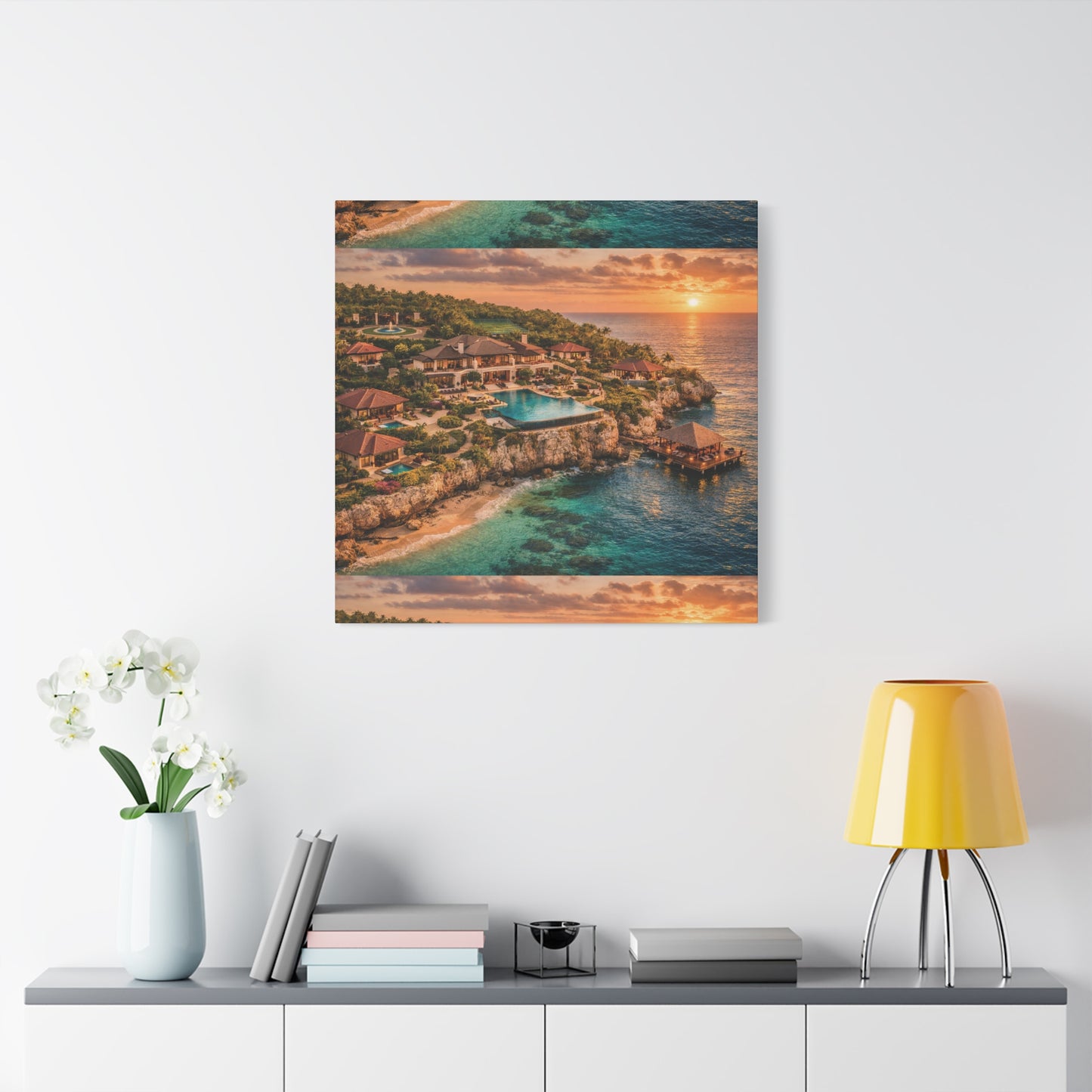 Tropical Sunset Canvas Wall Art — Coastal Resort Landscape Matte Stretched Print