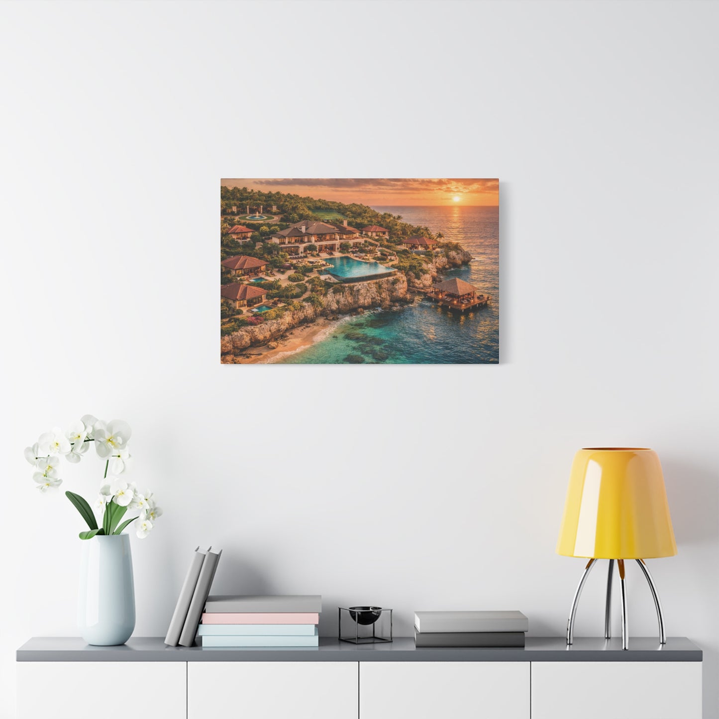 Tropical Sunset Canvas Wall Art — Coastal Resort Landscape Matte Stretched Print