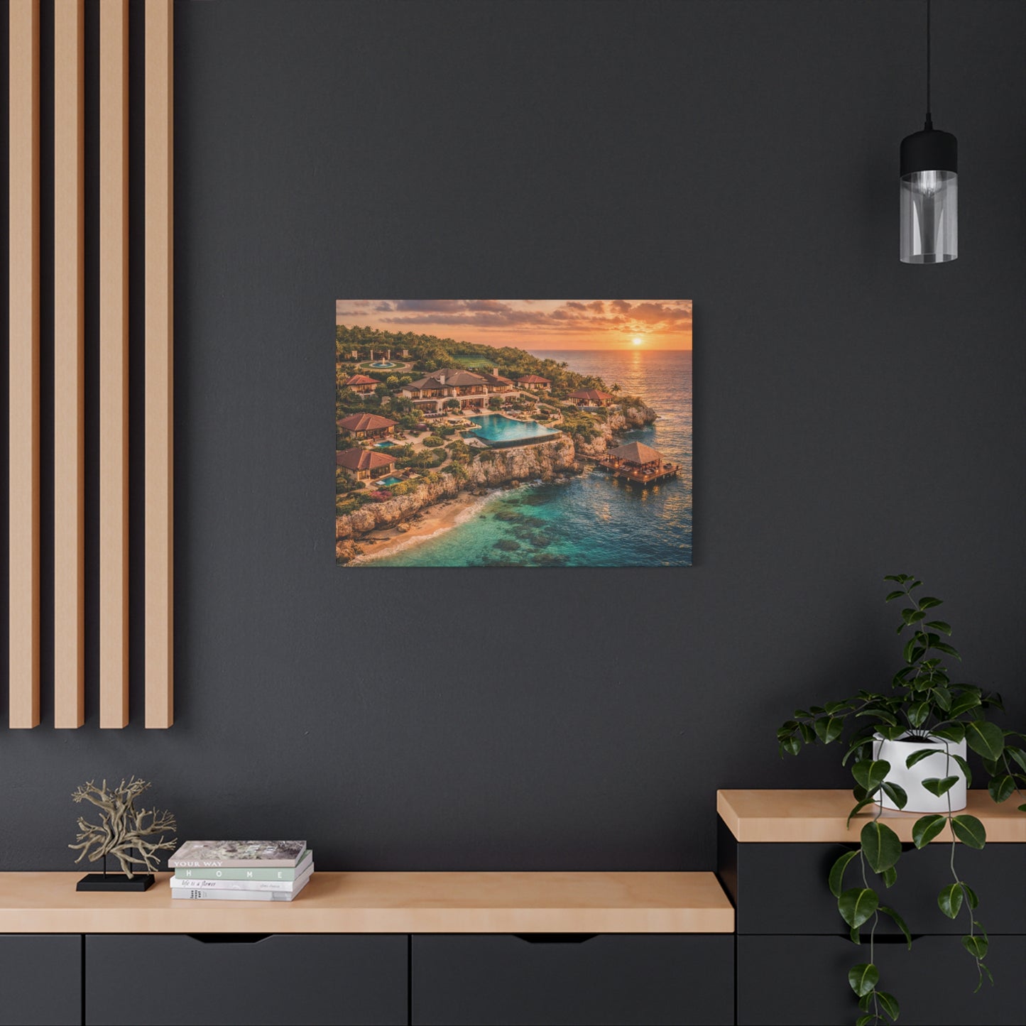 Tropical Sunset Canvas Wall Art — Coastal Resort Landscape Matte Stretched Print