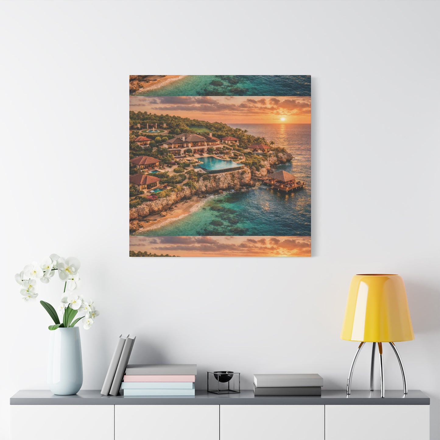 Tropical Sunset Canvas Wall Art — Coastal Resort Landscape Matte Stretched Print