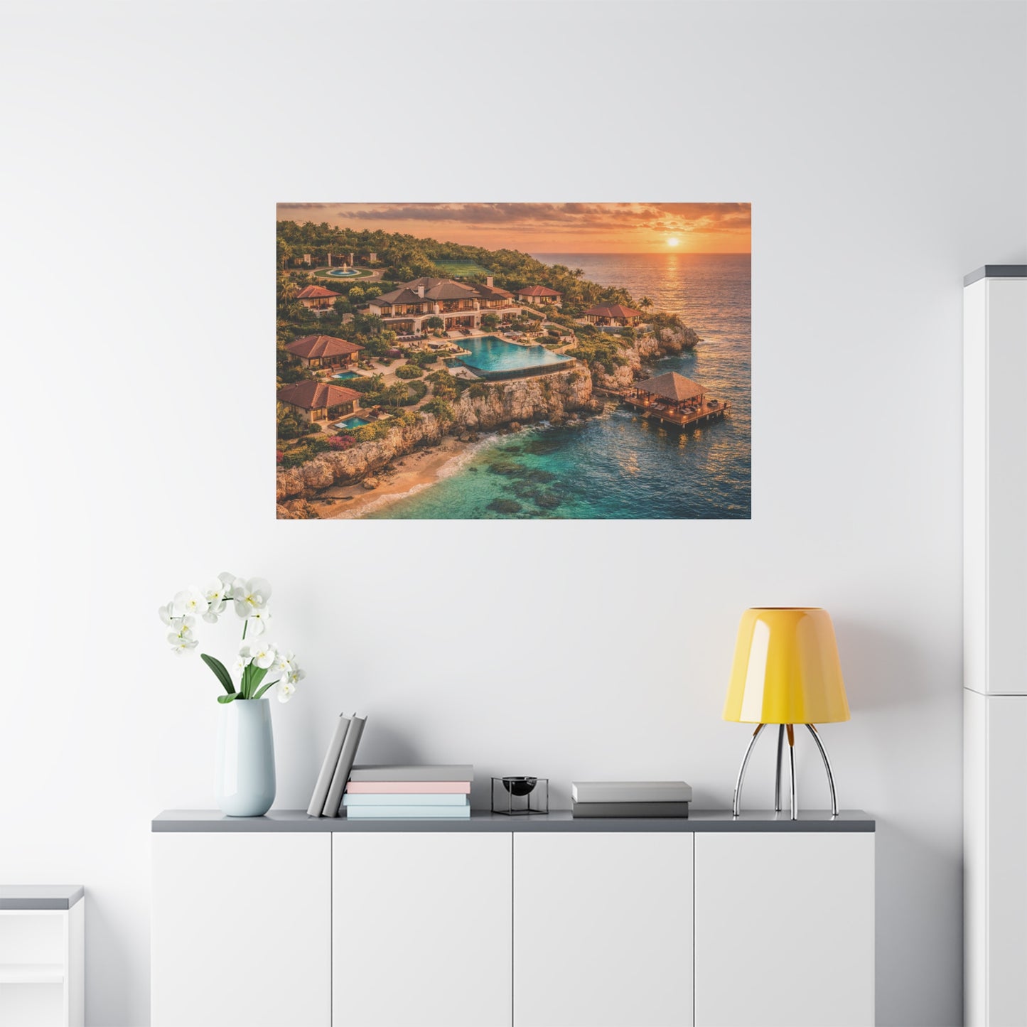 Tropical Sunset Canvas Wall Art — Coastal Resort Landscape Matte Stretched Print