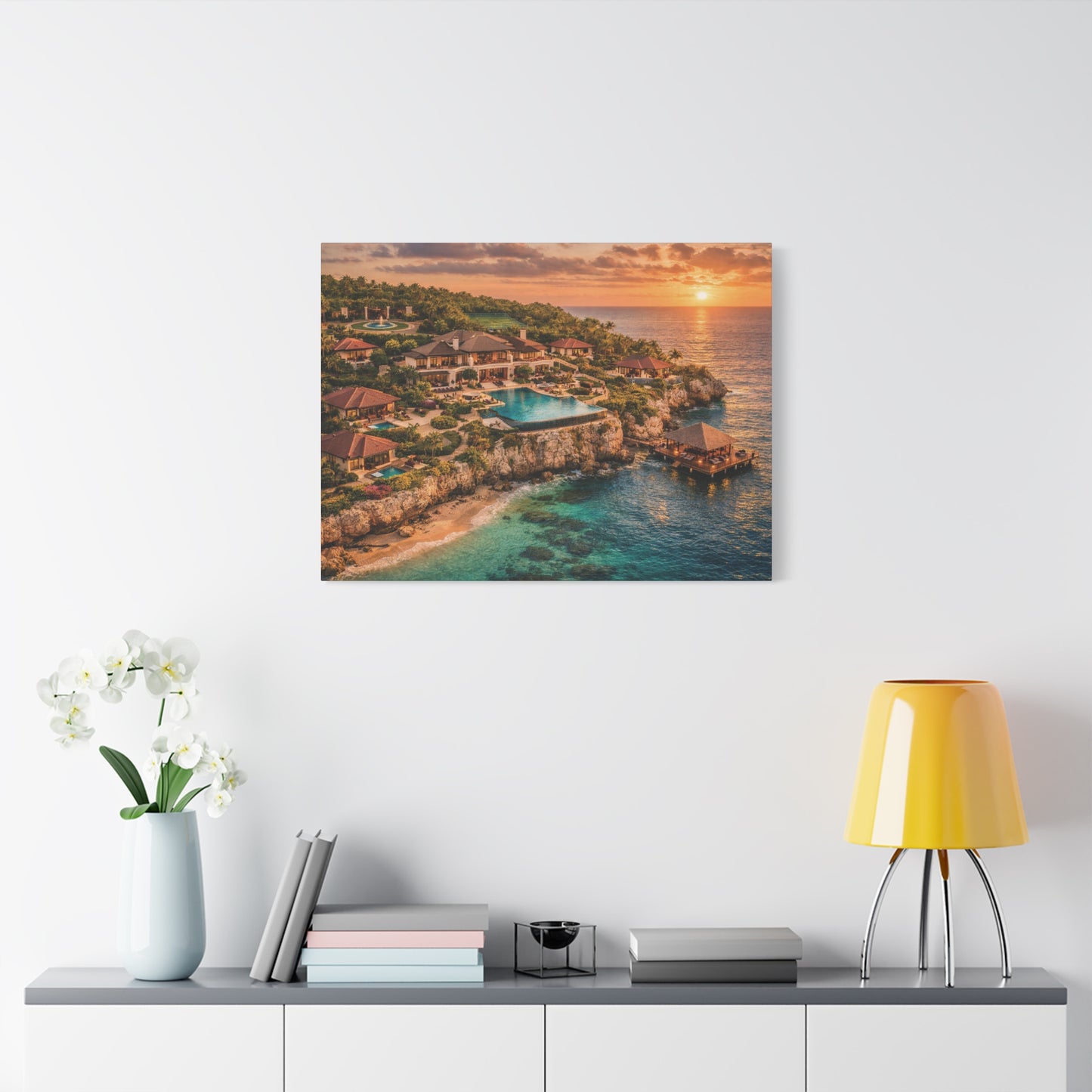 Tropical Sunset Canvas Wall Art — Coastal Resort Landscape Matte Stretched Print