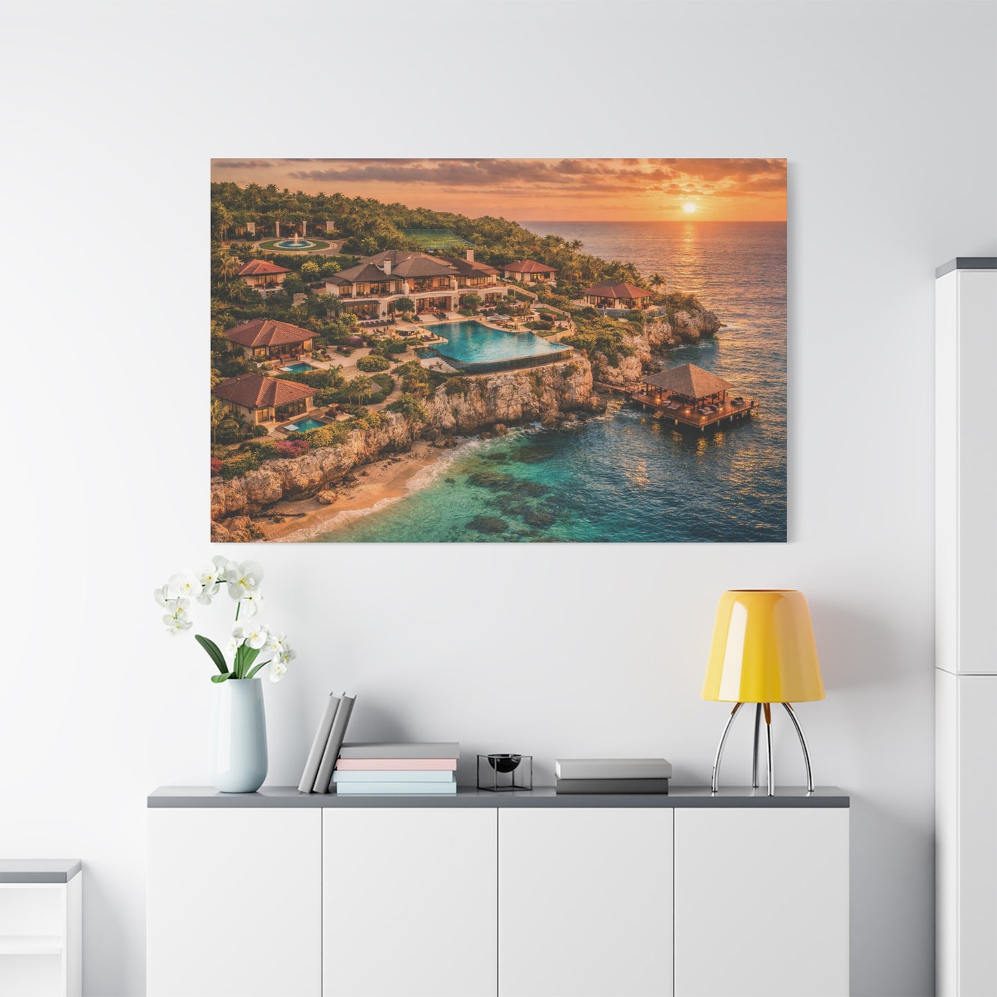 Tropical Sunset Canvas Wall Art — Coastal Resort Landscape Matte Stretched Print