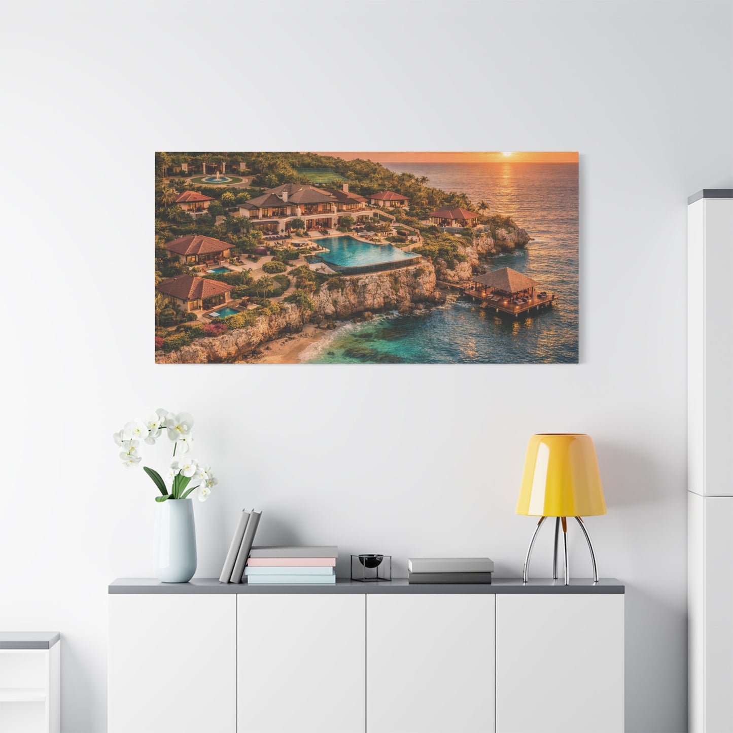 Tropical Sunset Canvas Wall Art — Coastal Resort Landscape Matte Stretched Print