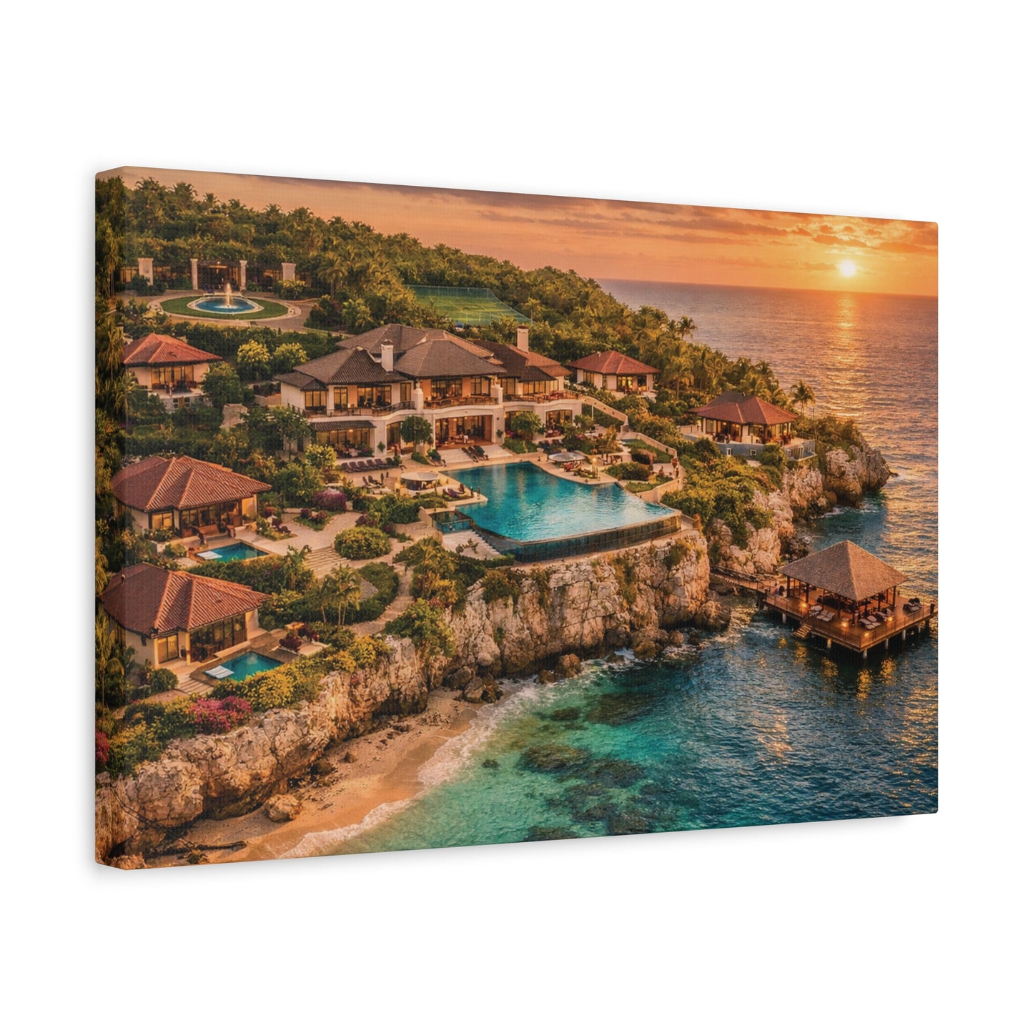 Tropical Sunset Canvas Wall Art — Coastal Resort Landscape Matte Stretched Print