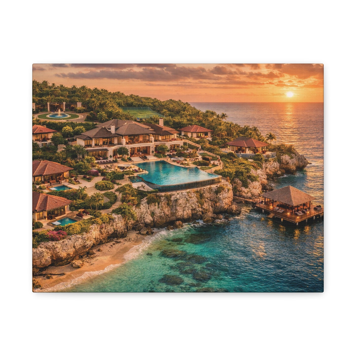 Tropical Sunset Canvas Wall Art — Coastal Resort Landscape Matte Stretched Print