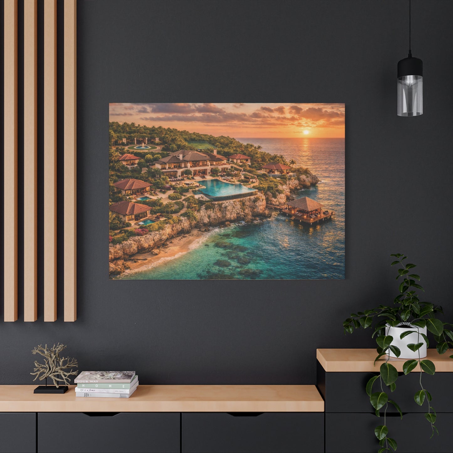 Tropical Sunset Canvas Wall Art — Coastal Resort Landscape Matte Stretched Print