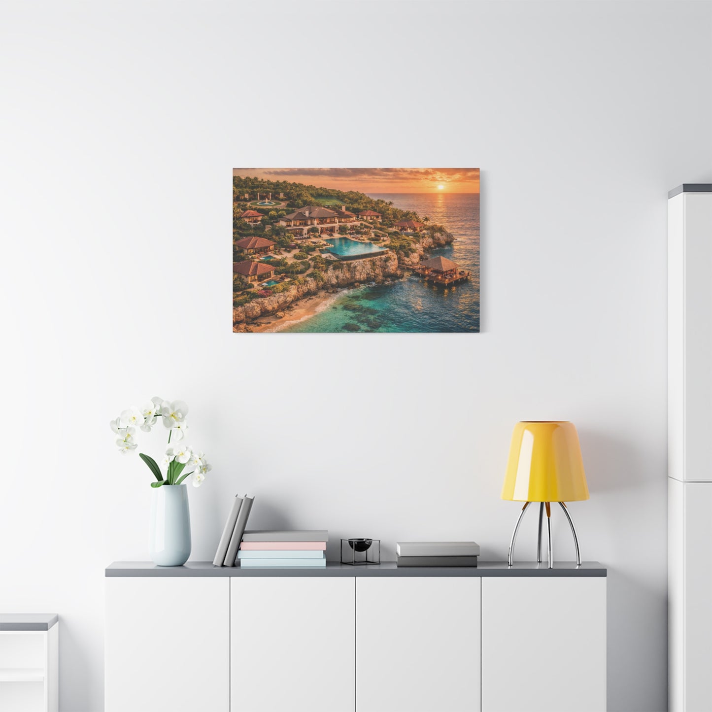 Tropical Sunset Canvas Wall Art — Coastal Resort Landscape Matte Stretched Print